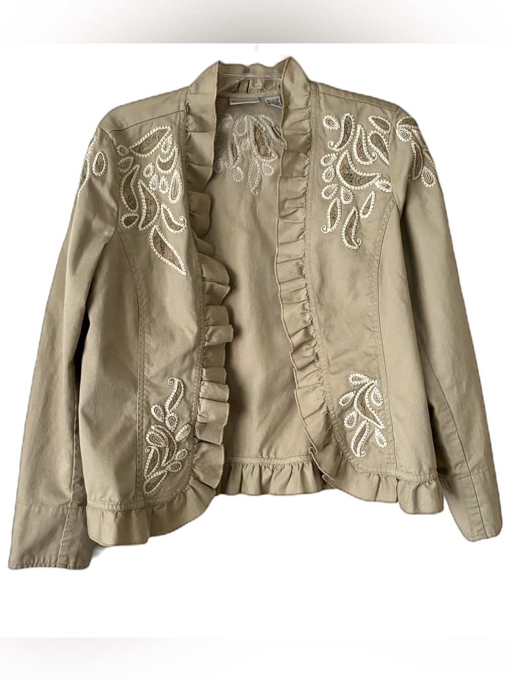 Chico’s Khaki Blazer, Sz. 1/M, Ruffle Edge, Lace Paisley Embroidery, Tulip Cuff